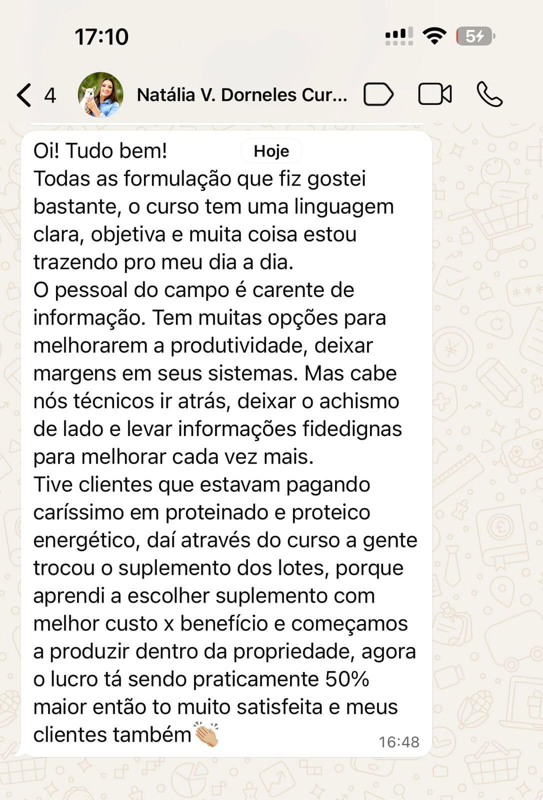 Print de conversa mostrando ganhos com método de suplementação